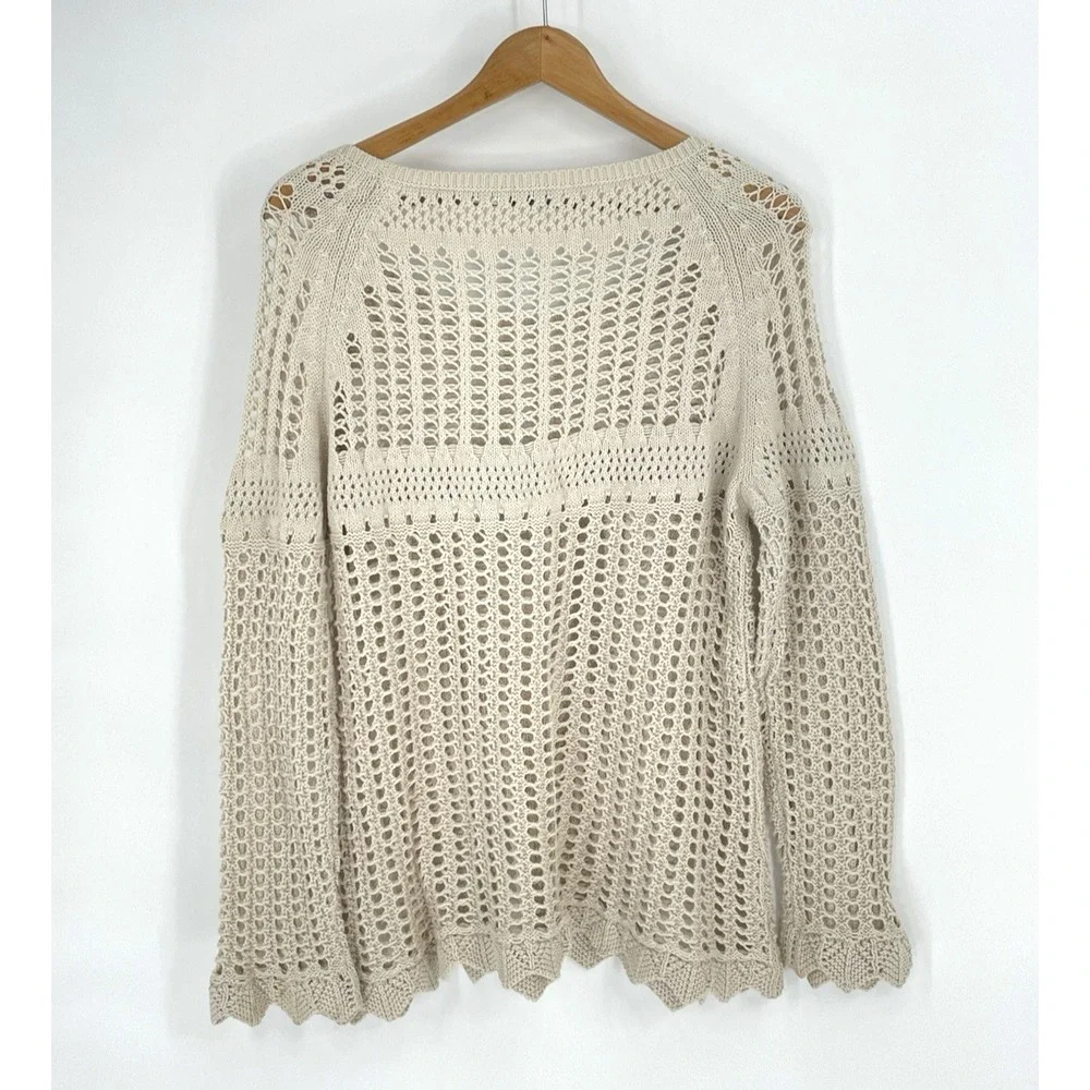 Retro Threads Crochet Sweater Womens XL Beige Open Knit Bell Sleeve Boho Hippie - Picture 9 of 10